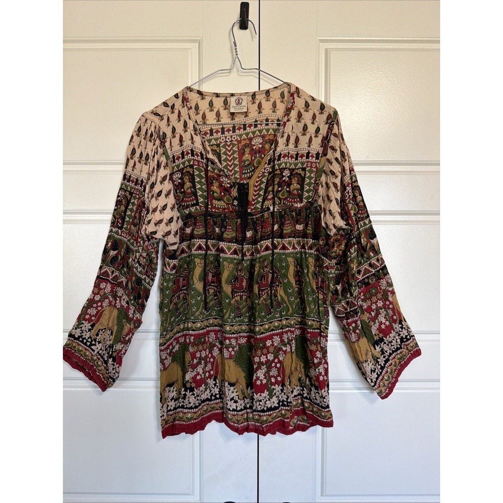 Gypsy Rose Womens Boho Peasant Tunic Top Elephant Camel Print Made in India S